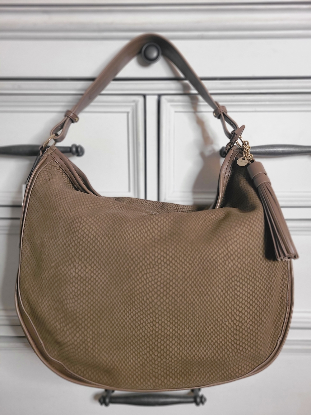 BRAHMIN Geniune Leather Taupe Textured Hobo Bag with Tassel